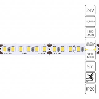 Светодиодная лента Arte Lamp TAPE A2418008-02-4K | 24V | 14,4W/m | 4000К | 5м