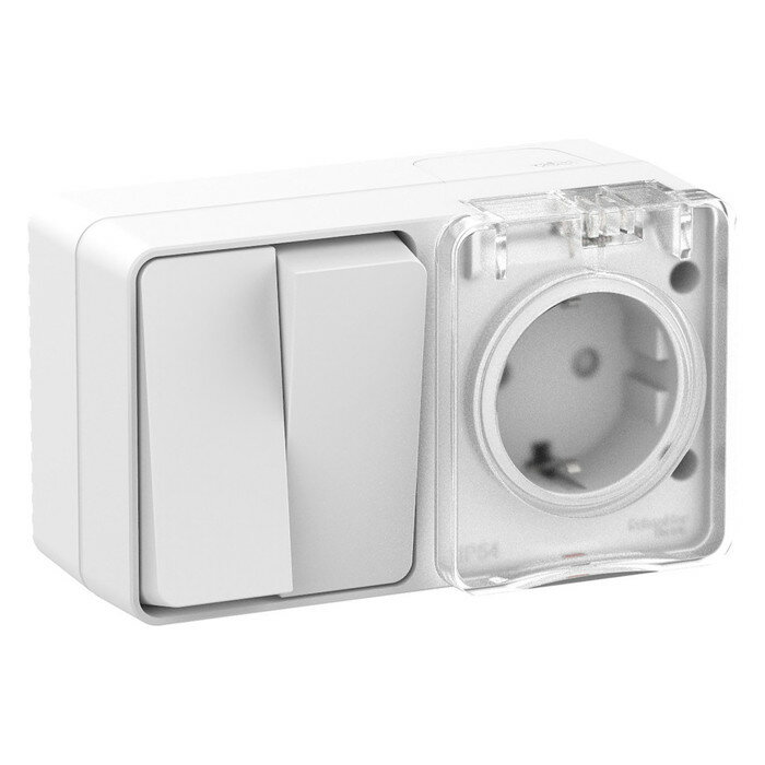 SE AtlasDesign Белый Profi54 Блок: Розетка  с/з, шторками 16А, выключатель 2-кл. 10А IP54