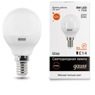 Лампа Gauss LED Elementary 8W 53118 2700K E14 шар