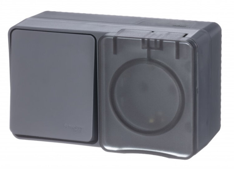 SE AtlasDesign Антрацит Profi54 Блок: Розетка з/к со шторками 16А 250В, выкл. 1-кл. О/У