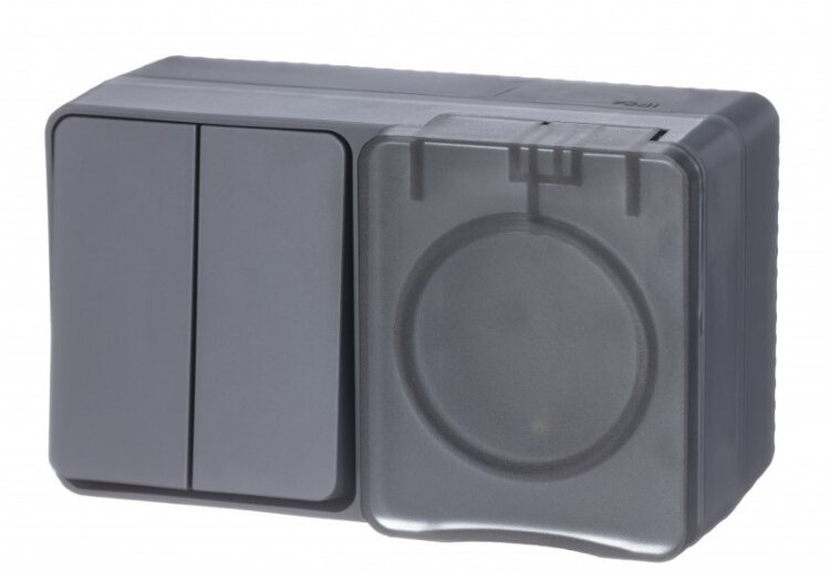 SE AtlasDesign Антрацит Profi54 Блок: Розетка з/к со шторками 16А 250В, выкл. 2-кл. О/У