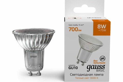 Лампа Gauss Basic MR16 10106182 8W 3000K GU10