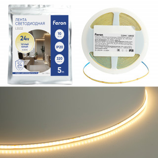 Лента светодиодная FERON LS532 24V, 320SMD*COB, 10W/m, IP20, 3000К | 5000*5*1.8
