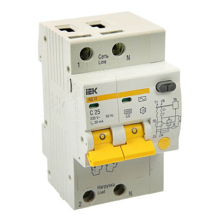 Выключатель автомат. дифференц. iEK АД12 2п 25А 30мА 4,5кА 230В