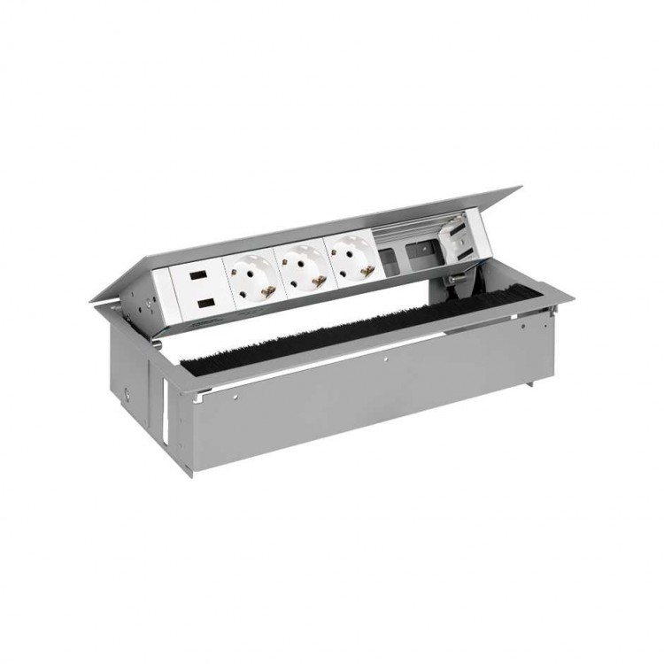 Simon 400 Врезной розеточный блок с крышкой, ввод щетка, 2x2P+E,2xUSB заряд.уст.алюм