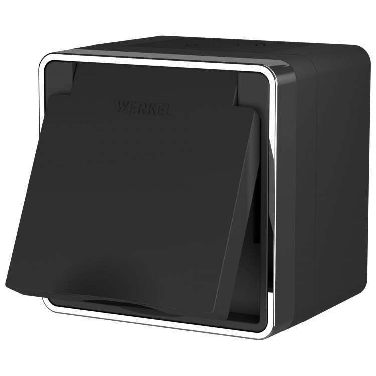 Werkel Gallant Розетка 1-ая с/з с защит.крышкой и  шторками влагозащ W5071235 черный/хром